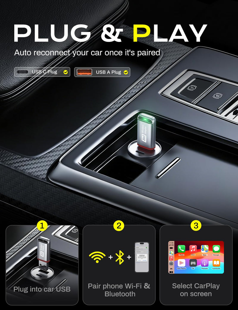 2-in-1 Wireless CarPlay Adapter 2026 Support Apple CarPlay & Android Auto, Fast Auto-Connect, No Latency, Mini Bluetooth Dongle Convert Wired to Wireless Compatible with iPhone & Android Silver U3 Sliver