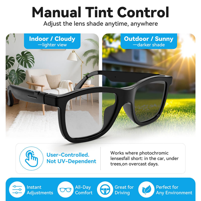 Smart Glasses with Bluetooth Speakers and Manual Tint Control, Adjustable Color Changing Sunglasses for Driving Fishing Hiking Outdoor, Hands-Free Calls and Music, Audio Glasses Men Women