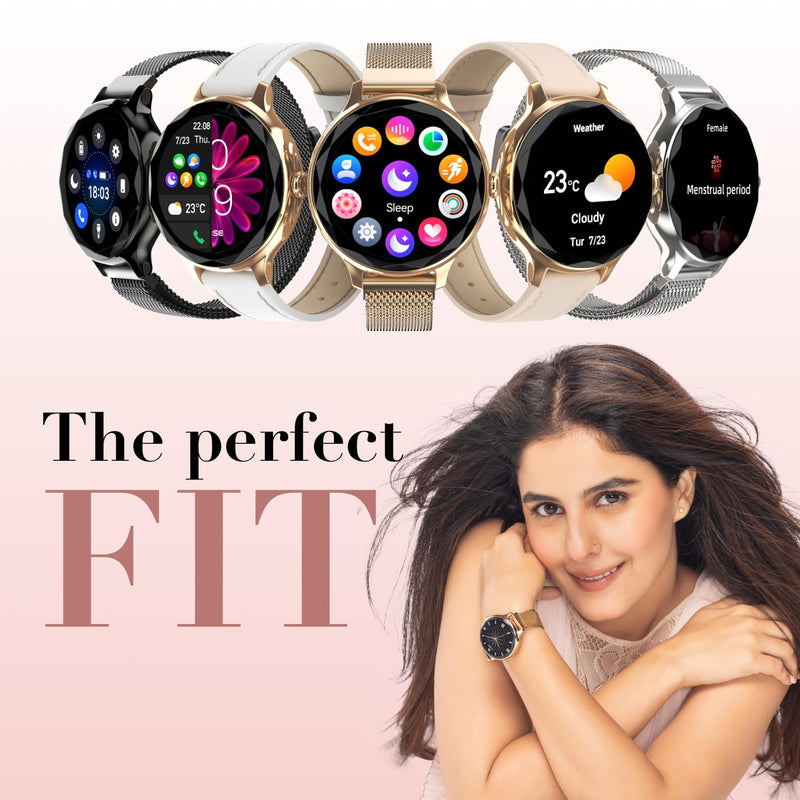 Noise Diva Smartwach for Women with AI Voice Assistant, 100+ Watchfaces, Sleep Tracker, Female Cycle Tracking, BT Calling, AMOLED Display, Water & Dust Resistant, 1 Year Warranty Gold Link