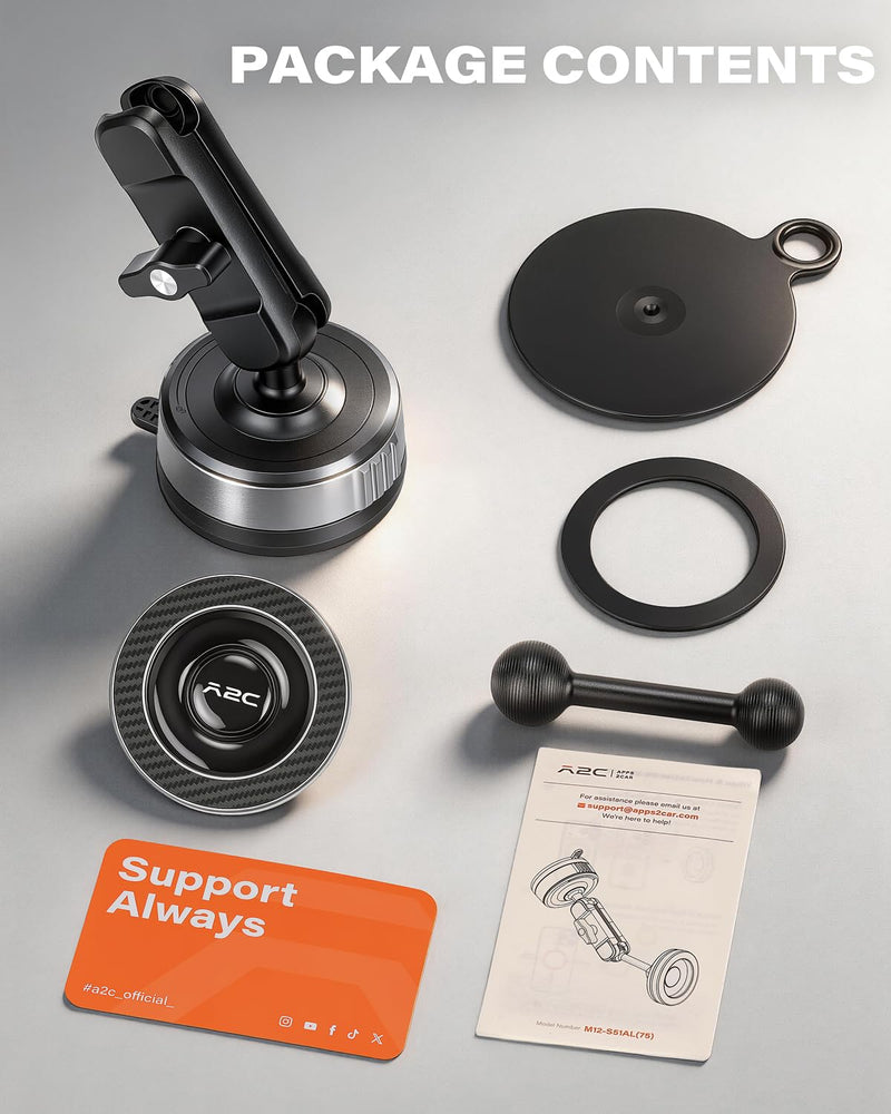 APPS2Car Car Phone Mount for MagSafe, Magnetic Suction Cup Holder | Windshield & Dashboard Mount, Aluminum Tri-Pivot Arm, 67mm Gel-Lock Twist-Lock Suction Cup, Universal Phone Compatibility