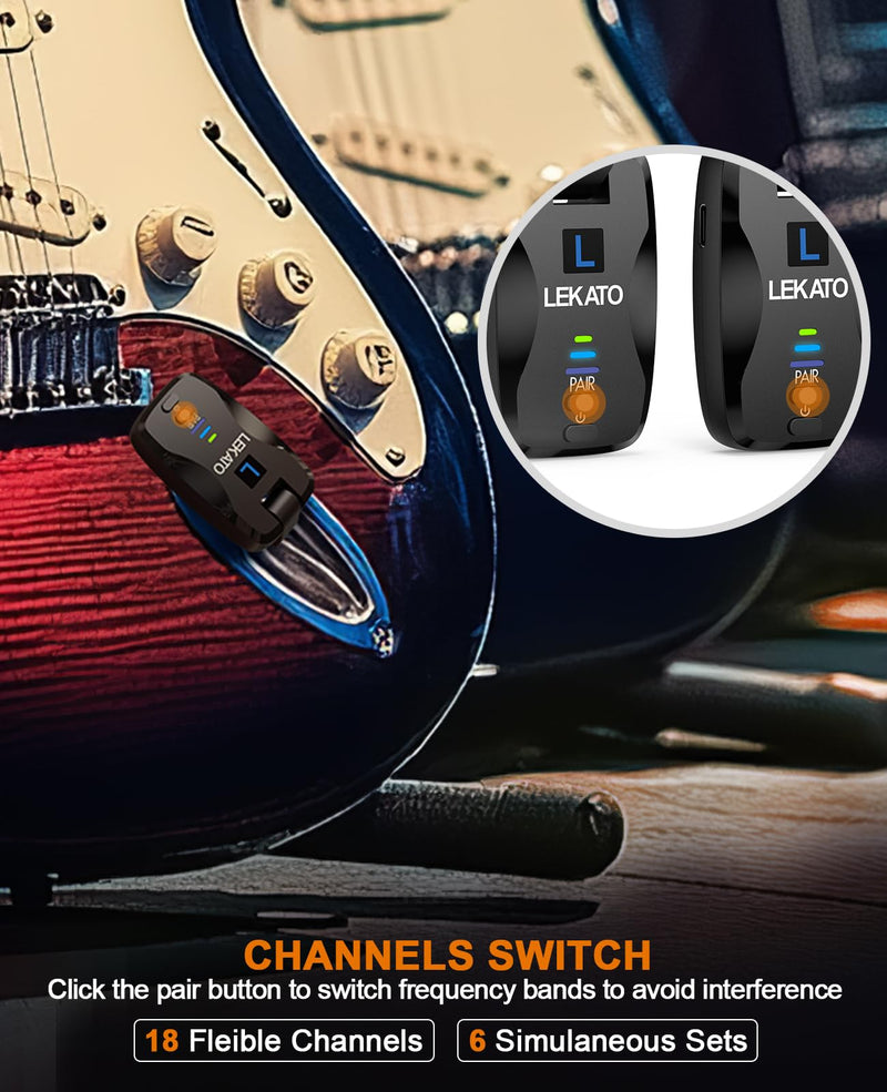 LEKATO 2.4Ghz Wireless Guitar System Exclusive Mute Plug for Electric Guitar Bass, Audio Wireless Guitar Transmitter and Receiver with 18 Channels Rechargeable Guitar Wireless System for Guitar