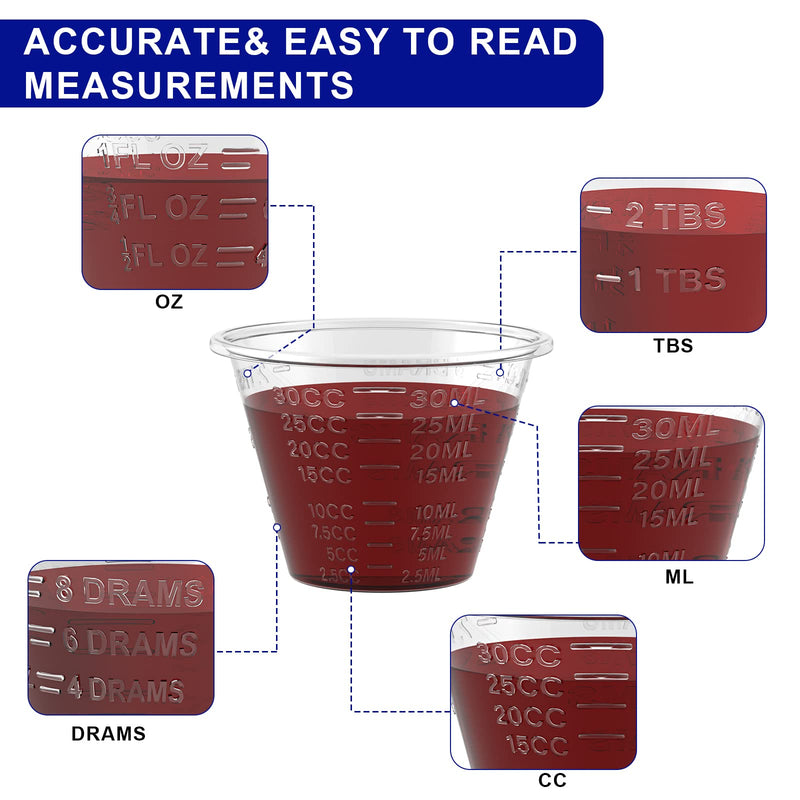 Disposable Medicine Cups Graduated, Bulk Pack of 100, 1 oz (30ml) Small Plastic Measuring Cup for Liquid Medication, Paint, epoxy, Pill and Resin.