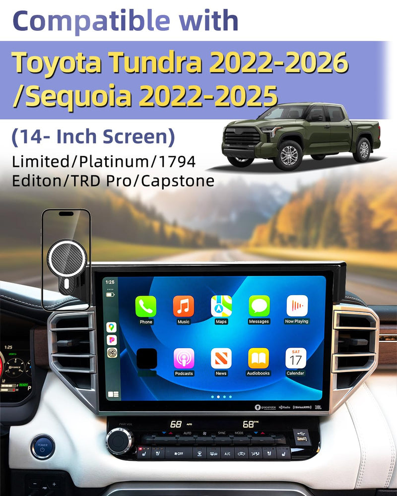 PZK Car Phone Mount for Toyota Tundra 2022-2026 /Sequoia 2023-2026 14-Inch | 3rd Gen Tudnra Accessories Magnetic 15W Fast Wireless Charger Phone Holder for Tundra Magsafe Phone Stand 360° Rotation Tundra 2022-2026/Sequoia 2023-2026 (14 inch)