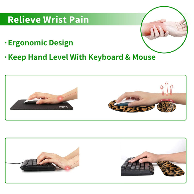 Ergonomic Keyboard Wrist Rests Gel Memory Foam Mouse Pad with Round Mousepad + Coasters, Wrist Support Set with Non Slip Base for Gaming Office Laptop Easy Typing & Pain Relief, Leopard Print