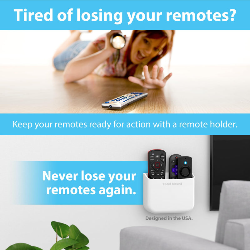 TotalMount Hole-Free Remote Holders – Eliminate Need to Drill Holes in Your Wall (for 2 or 3 Remote Controls – White – Quantity 2)