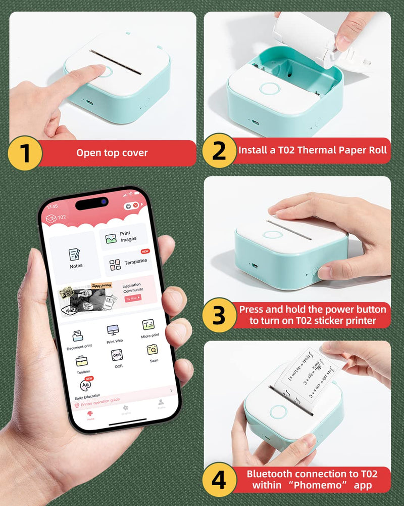 [AUSTRALIA] - Memoqueen Mini Sticker Printer T02 Pocket Portable Bluetooth Thermal Printer with 3 Rolls Paper for Journal, Memo, Photo, DIY Scrapbook, Travel, Children Gifts, Compatible with iOS & Android, Green 1 Printer & 3 Rolls Paper 