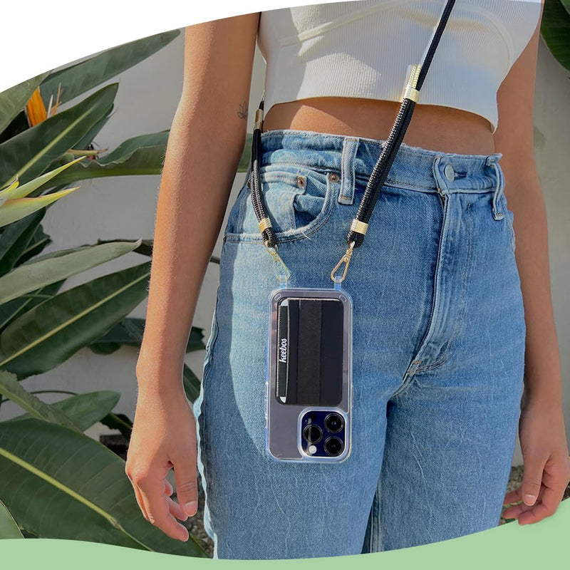 Keebos Crossbody iPhone Case Compatible with iPhone 13 Pro Max, Card Wallet and Detachable Strap Design, Clear Case with Black Strap, Hands-Free Adjustable Lanyard