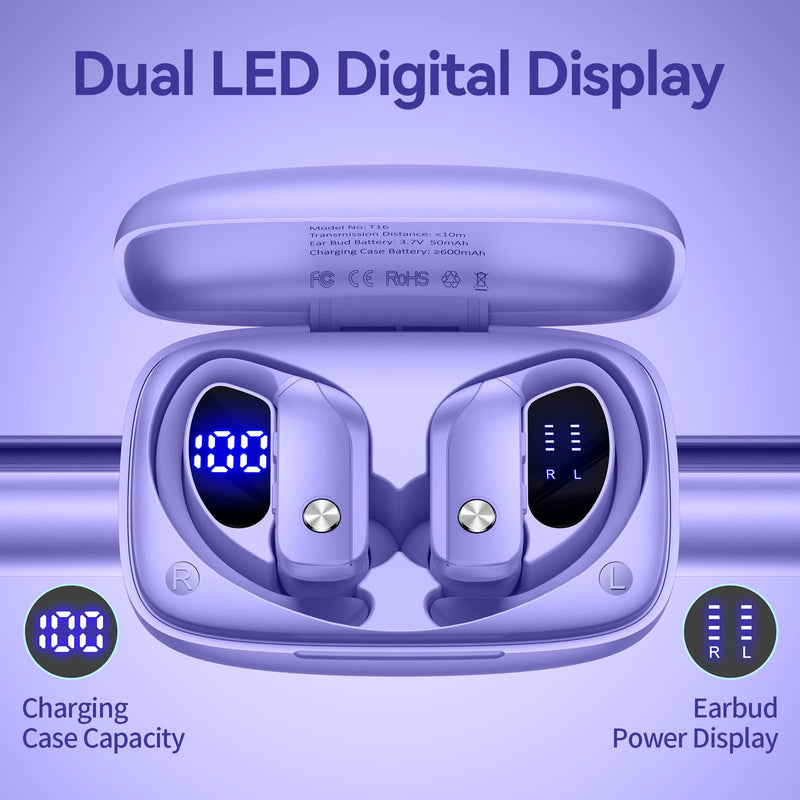 bmani 2 Sets Wireless Earbuds Bluetooth Headphones 48hrs Play Back Sport Earphones with LED Display Over-Ear Buds with Earhooks Built-in Mic Headset for Workout Purple+Blue