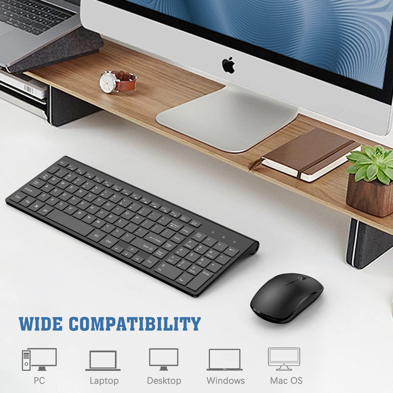 Rechargeable Wireless Keyboard and Mouse Combo- J JOYACCESS 2.4G Compact Quiet Slim Wireless Keyboard Mouse Combo for Laptop,PC,Desktop,Computer,Windows- Black Pure Black