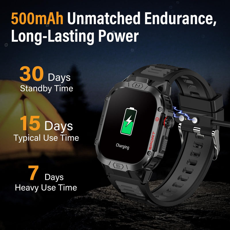 Military Smart Watch for Men, 2.02" Screen, 100+ Sport Modes, Android iOS | Heart Rate Blood Oxygen Blood Pressure Sleep, 100+ Sport Modes Fitness Tracker, Outdoor Sport Smartwatch with Flashlight Black