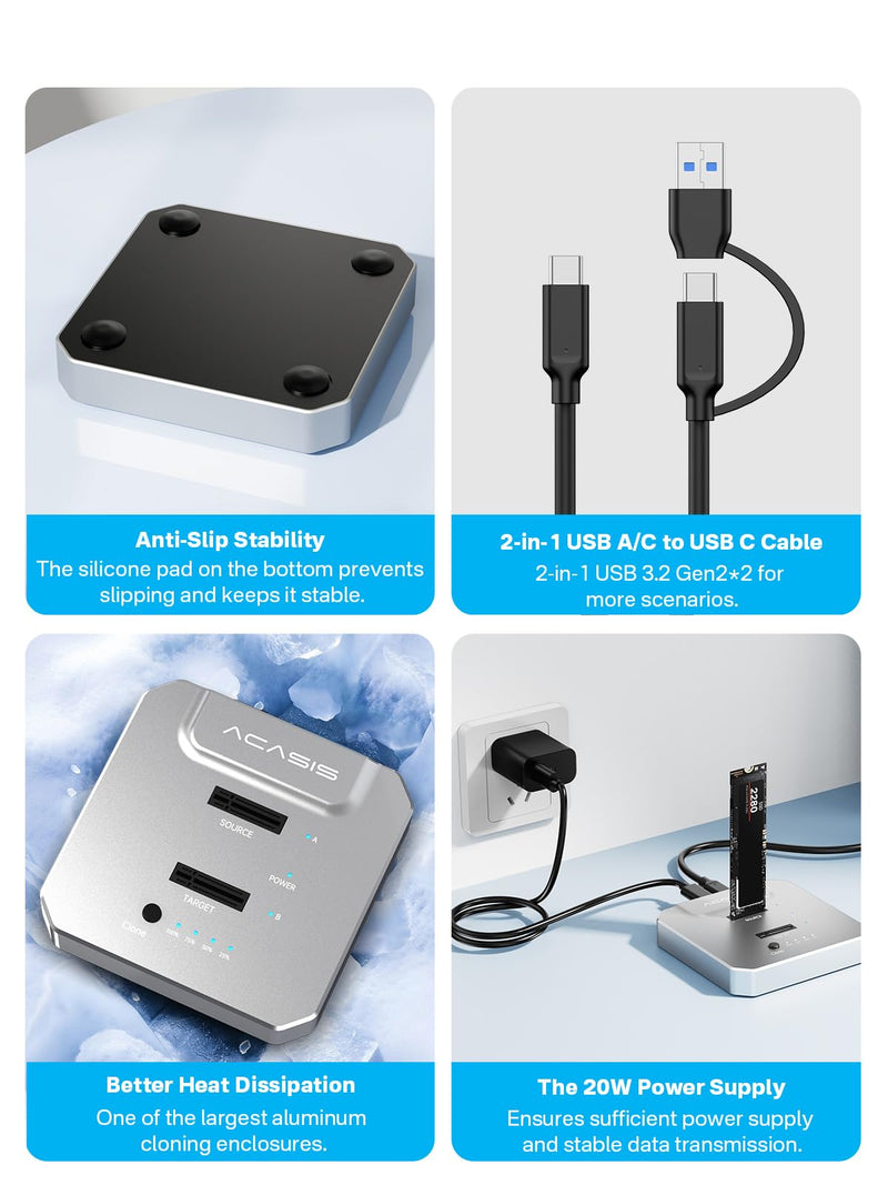 ACASIS 20Gbps M.2 NVMe SSD Cloner & Docking Station, Dual-Bay Duplicator | Offline Cloning • Aluminum Heat Dissipation • Tool-Free Installation • PCIe NVMe M-Key Support • USB Adapter Design