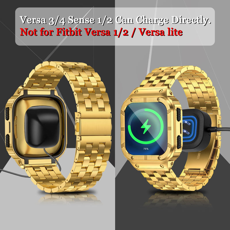 SUPLINK Stainless Steel Case & Band Compatible with Fitbit Versa 4/3/2/Lite/Sense 2/Sense Watch Bands, Men, Protector Cover Strap, Black&Gold