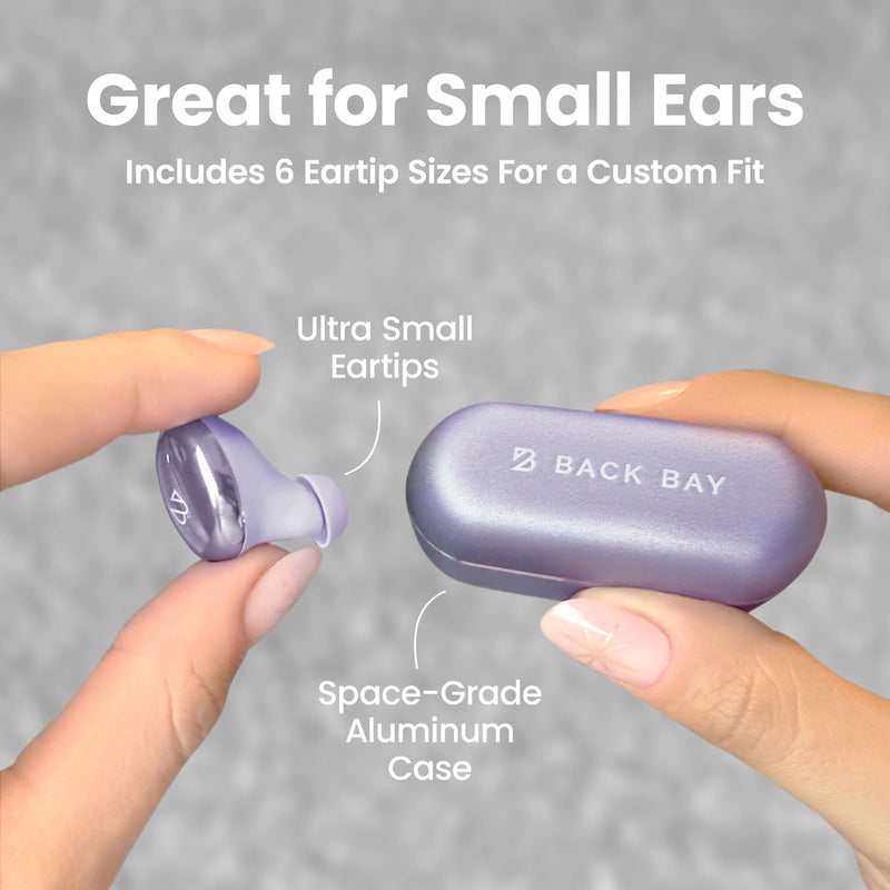 Back Bay Audio Mini Wireless Earbuds for Small Ears, Award-Winning Sound | Sweatproof Bluetooth Earbuds, Deep Bass, Tech Fitness Gifts for Men, Comfortable Bluetooth Ear Buds for Women B. Lavender