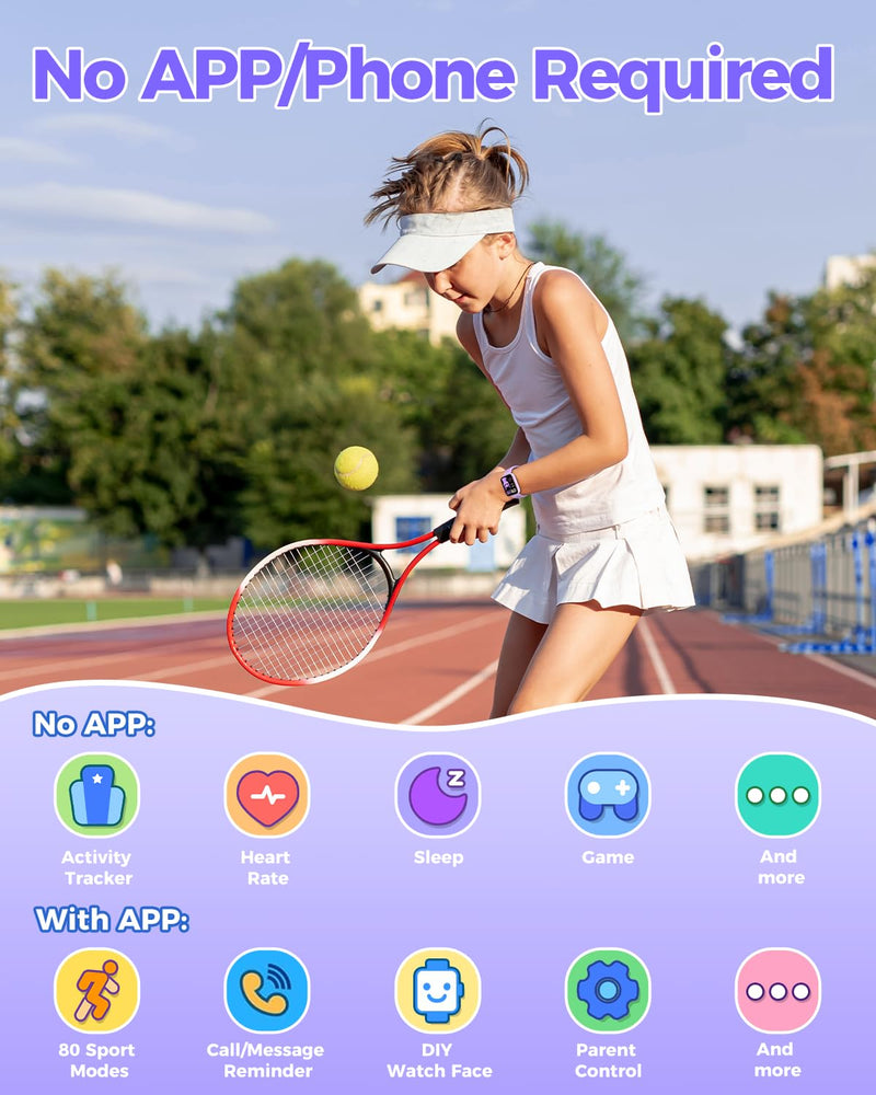 ENOMIR [2026 New Smart Watch for Kids - No APP No Phone Needed, 1.83" Fitness Tracker Watch for Kids with Sleep Monitor, Heart Rate, Step Counter, IP68 Waterproof (Purple, 1.83Inches)