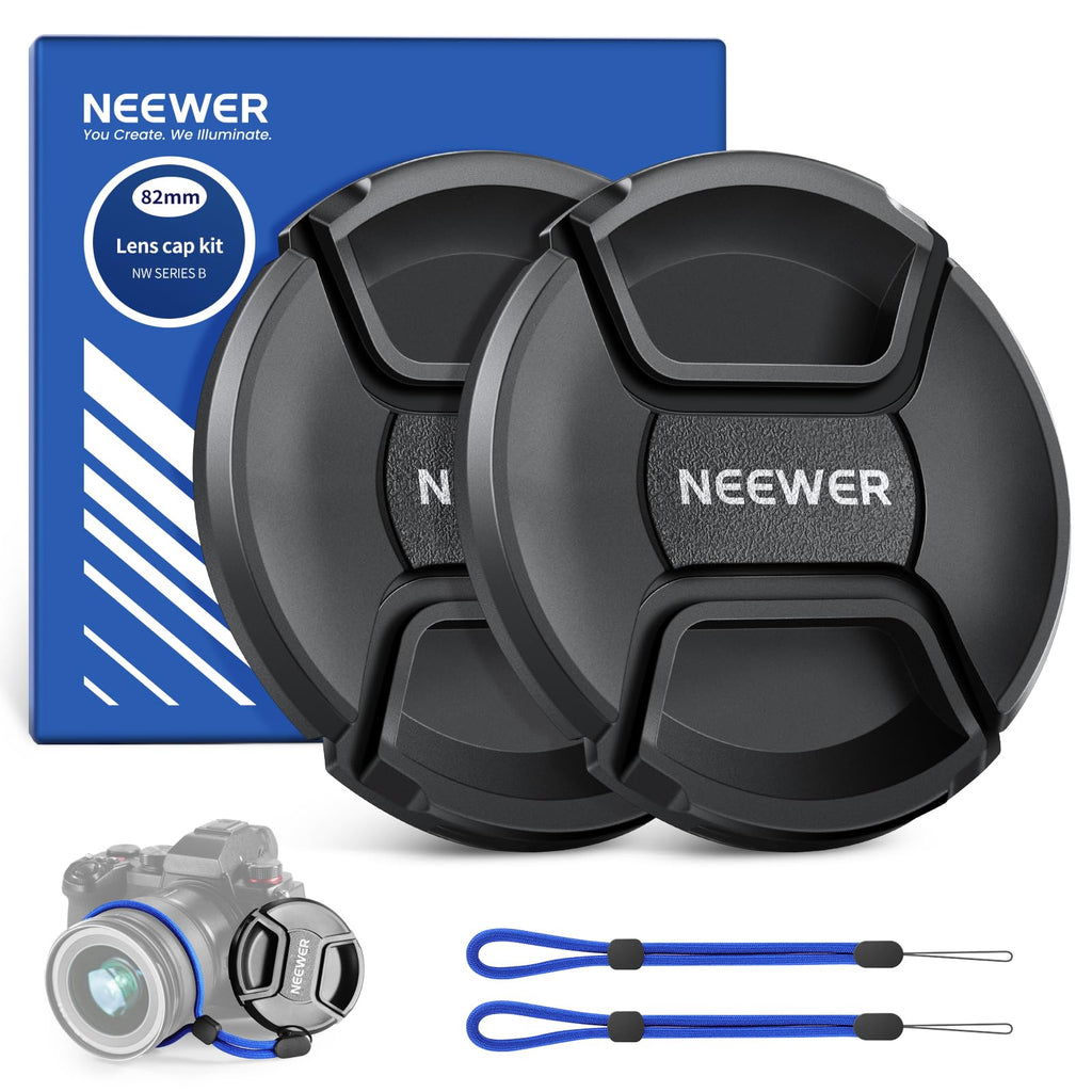 Neewer 82mm Lens Cap Kit (2 Pack), Lens Cover with Anti Loss Strap and Cleaning Cloth, Compatible with Canon Nikon Sony Fujifilm Panasonic Camera Lens of 82mm Diameter