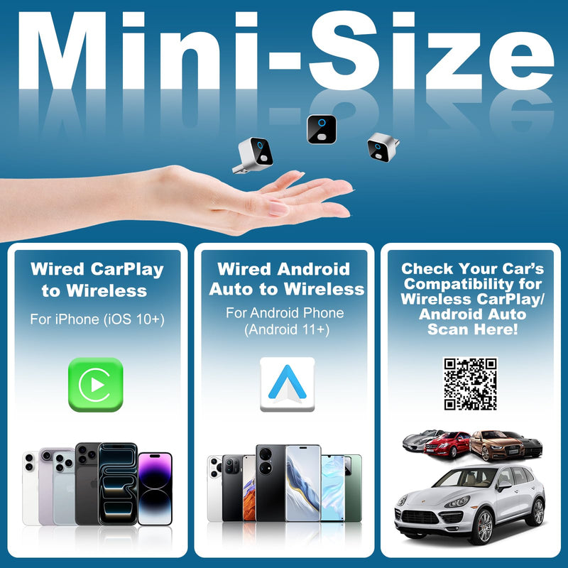 Wireless Carplay Adapter Compatible with iOS 10+/Android 11+ | One-Click Switch Mini Size WiFi 6 & Bluetooth 5.4 Adapter, for Factory Wired CarPlay Cars, Fast Auto-Reconnect,Plug & Play