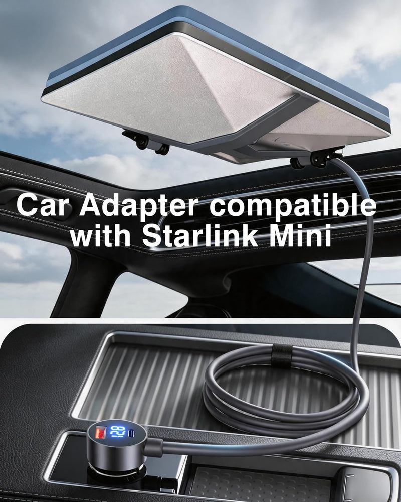 10FT Car Adapter for Starlink Mini, Dual PD 30W + USB A 18W Ports for Cars | 12V-24V Cigarette Lighter Charger, Smart Chip 18AWG Cable for Trucks RVs Grey 10FT