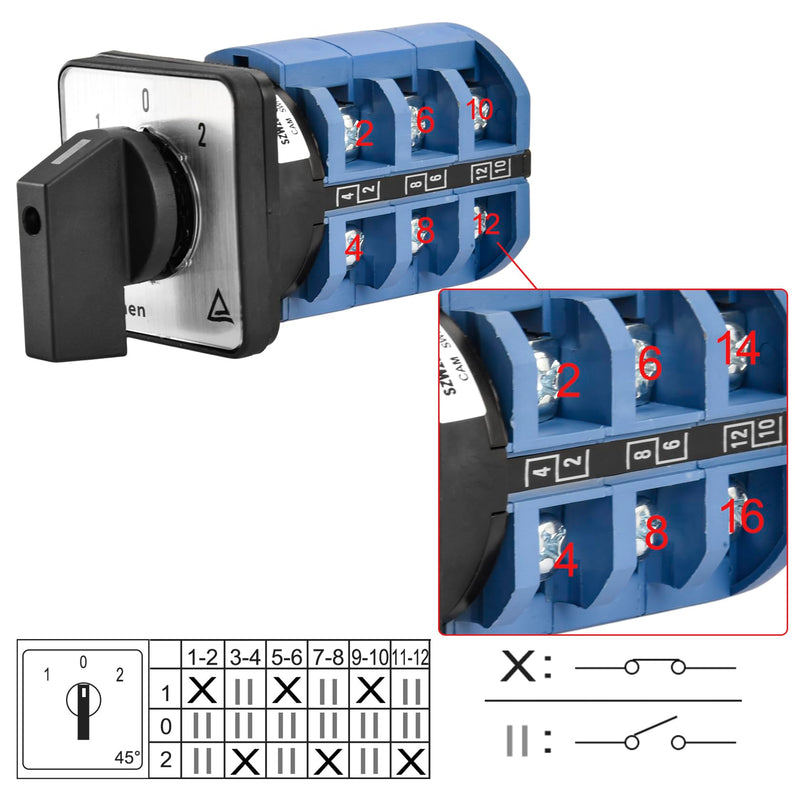 Heschen Universal Rotary Cam Selector Changeover Switch SZW26-63/D303.3 660V 63A ON-Off-ON 3 Position 3 Phase 12 Terminals CE