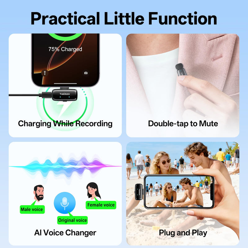 [AUSTRALIA] - Mini Wireless Lavalier Microphone for iPhone ipad Android, Noise Reduction and Mute, 33h Charging Case, AI Voice Changer, 131FT Range, Mini Lapel Mic for Video Recording, Vlogging, YouTube Mic Mini (2TX+1 C RX+1 Lightning RX+Charging Case 