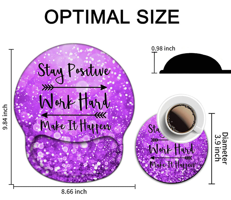 Mouse Pad with Wrist Support Gel Ergonomic Mouse Pads with Rest Support Mouse Pad for Home Office Working Pain Relief + Coaster, Stay Positive Work Hard and Make It Happen Purple Glitter Yu-mouse Pad-2-h24