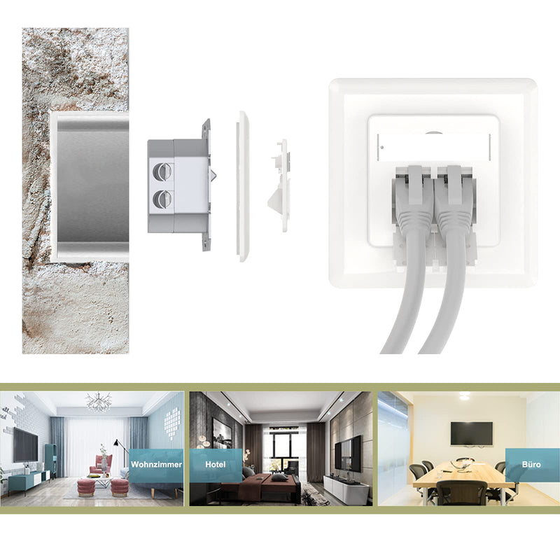 VCELINK Universal Network Socket Cat6A, 2 x RJ45 Port LAN Socket, Data Socket Surface-Mounted or Flush-Mounted - Shielded, 10 Gigabit Ethernet Network RJ45 Socket, POE, CAT7 CAT6 CAT5, White 2 port - 1 piece