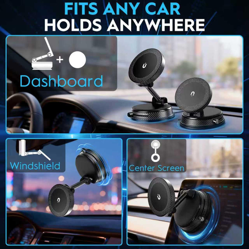 Magnetic Car Phone Holder for MagSafe, 15W Wireless Charging, 360° Adjustable Dashboard Mount, Compatible with iPhone 12-17 & Android (Black) Black