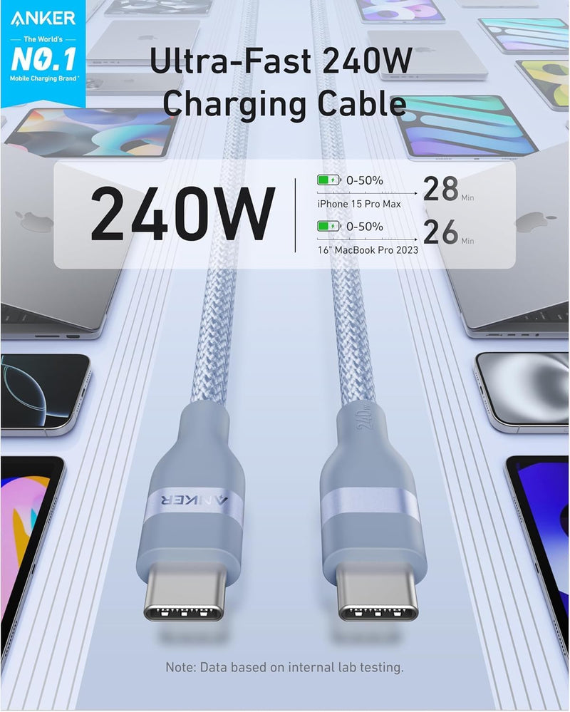 Anker Go Kit, Nano USB-C Cable, 240W Flexible Braided Cord, Nano Charger, 30W USB-C GaN Charger, Fast Charging for iPhone 17 Series, MacBook Pro, and More (Blue, 6 ft)