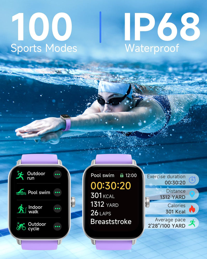 TOOBUR Smart Watch for Women Alexa Built-in, 1.8" Compatible Android iOS, Answer&Make Call/Step Counter/Sleep Tracker/100 Sports/Heart Rate, Fitness Tracker Watch IP68 Waterproof Swimming Purple