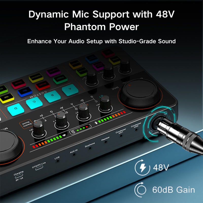 HOSONGIN Audio Interface for Beginners - Streaming Podcast Mixer with Pro-preamp, 48V Phantom Power, Voice Changer, Customizable Sound Effects, Noise Reduction for Podcasting, Gaming, Recording Sound-Card-P300