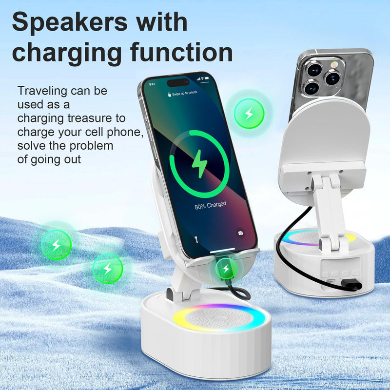 [AUSTRALIA] - Wireless Induction Audio Bluetooth Speaker 5in1 Phone Holder Emergency Rechargeable (3000mAh) with Colorful Ambient Light 300° Foldable for Tablet iPhone Android, Gifts for Men Women (White) White 