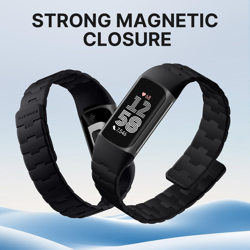Bandletic Magnetic Watch Band Compatible with Fitbit Charge 6/5 Bands | Magnetic Closure with No Pin, One-handed Snap-on, Skin-friendly All-day Wear at Work or Gym, for Charge 6/5 Fitness Tracker Black