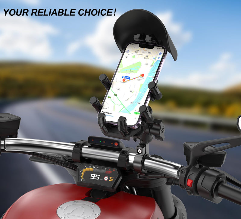 iMESTOU Anti-Vibration Motorcycle Phone Mount, Shock Damping Bike Cellphone Holder with 1" Ball Mount Base 720° Rotatable Fits for 12-32mm Handlebars, Widely Compatible with 5.4"-7.0" Smartphones