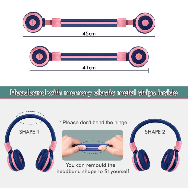 SIMOLIO Wireless Headphones Girls, Bluetooth Foldable Childrens Headphones with Mic and Volume Limited, Over-Ear Stereo Headset for Fire Tablet iPad School Travel Airplane Cellphones, Wired Mode Pink Bubblegum Pink
