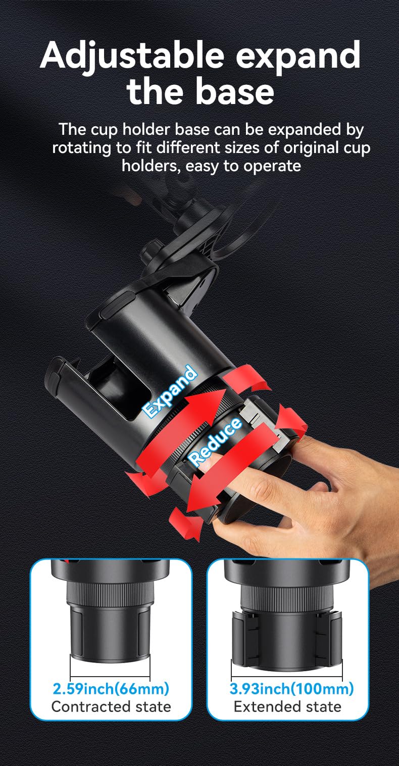 Car Phone Holder with Cup Holder Mount, 2 in 1 Universal Cup Holder Expander Adjustable Base with Phone Mount, Long Adjustable Arm with 360°Rotation Cup Holder ，Compatible with All Smartphones，Black