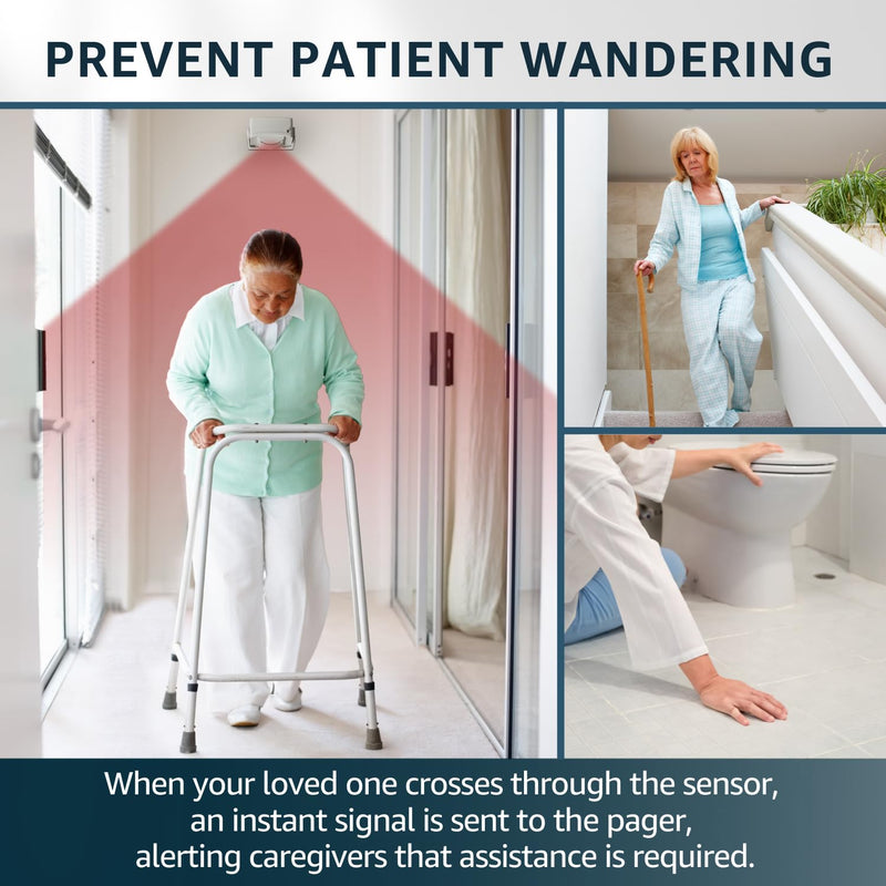 Bed Alarm Caregiver Pager with 2 Wireless Motion Sensors Alarm Indoor Fall Prevention for Elderly Monitoring Seniors Dementia Patients Seniors Home Door Chime 2 Motion Sensors 1 Receiver