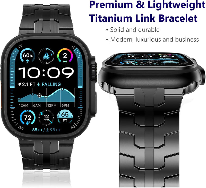 WINGLE Grade 2 Titanium Bands for Apple Watch Band Ultra 3/2/1 Band 49mm Series 11 10 46mm 45mm 44mm 42mm SE 3/2/1 Series 9 8 7 6 5 4 3 Men, Classy Business Lightweight Rugged iWatch Bands, Black Titanium Version - Black