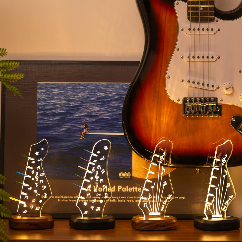 Light Up Guitar Pick Holder with 6 Guitar Picks, Acacia Wood & Acrylic Guitar Headstock Shaped Pick Holder Case for Guitar Pick Storage & Display, Guitar Music Accessories Gift for Guitar Lover Player