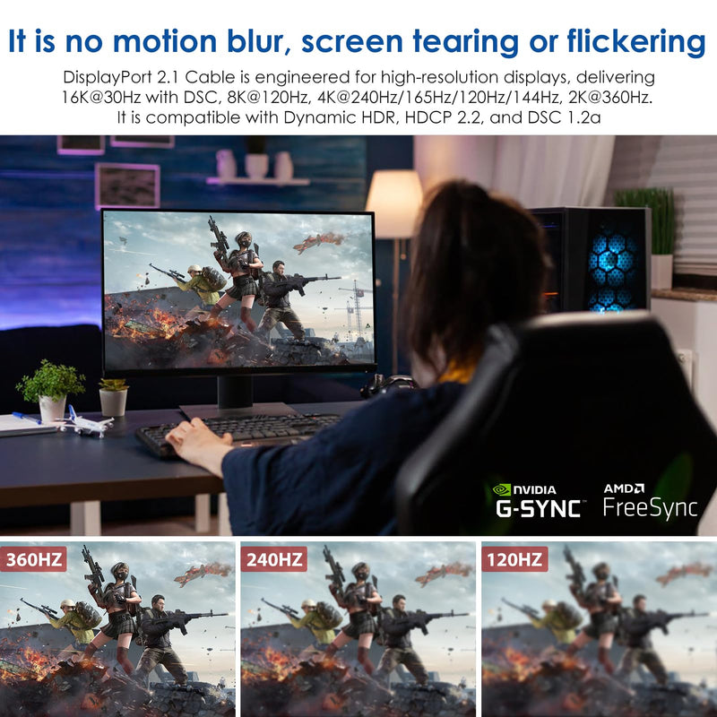 54Gbps DisplayPort 2.1 Cable 25FT, DP 2.1 Cable 16K@30Hz, 8K@120Hz, 4K@240Hz, 2K@360Hz, HDR, HDCP DSC 1.2a for FreeSync G-Sync Gaming Monitor 4090 3090Ti 7900XTX 25Feet