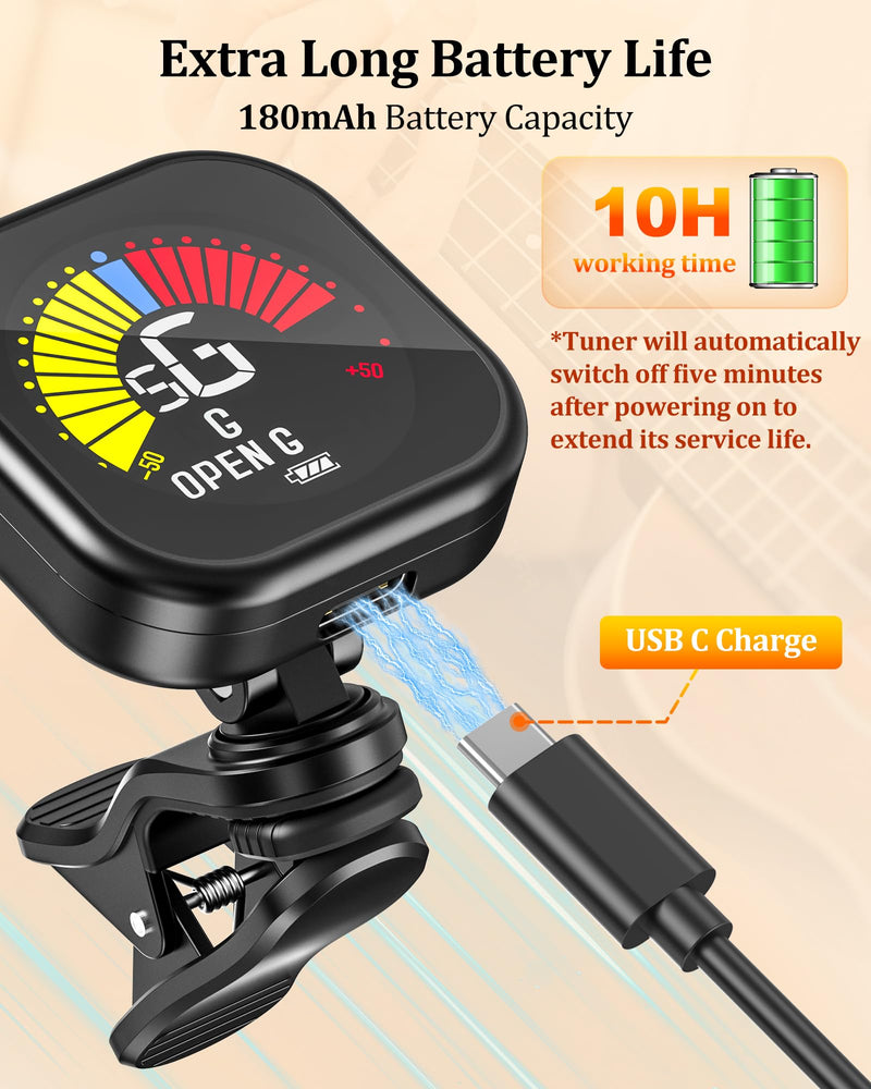 [AUSTRALIA] - New Bee Guitar Tuner Clip-On Rechargeable with Color Screen 360° Rotatable Acoustic Chromatic Open Tuning for Guitar, Bass, Ukulele, Violin, Cello(Black, 1 Pack) Black 