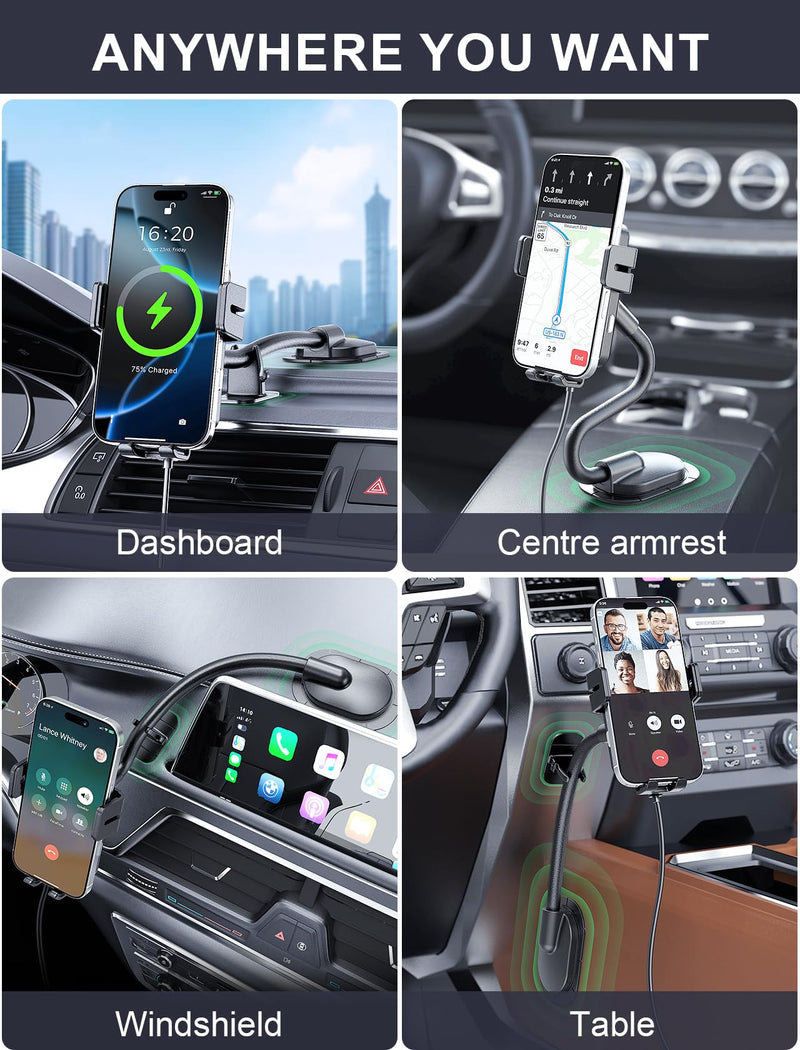 Wireless Car Charger Adjustable Gooseneck Dashboard Car Mount Fast Charging | [with Anti Shake stabilizer] Auto-Clamping Phone Holder fit for iPhone 17 16 15 14 13 12, Samsung S24 S23 S22, etc