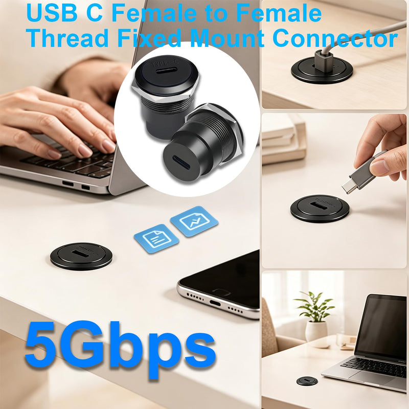 USB C Panel Mount Connector, USB Type C 3.0 Female to Female Threaded Fixed Mount Adapter, 5Gbps & 5V/1A Embedded Mount Coupler for Mobile,Tablet