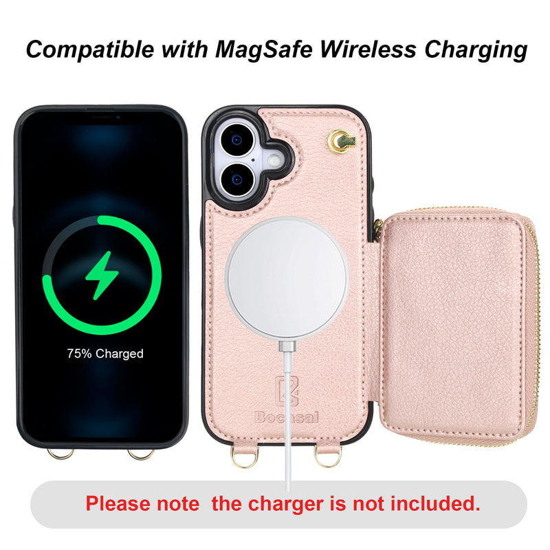 Bocasal for MagSafe Crossbody Wallet Case for iPhone 17, Rose Gold | for Wireless Charging RFID Blocking Protective Purse Case with Card Slot Holder Kickstand Wrist Strap Lanyard Zipper 6.3 Inch Rose Gold for MagSafe