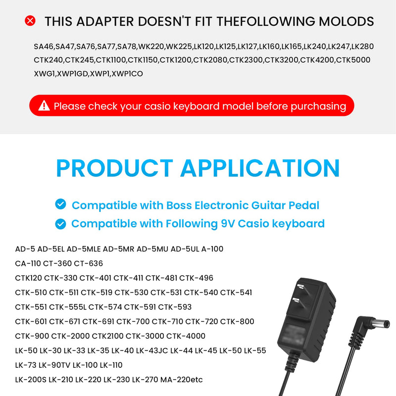 9V Adapter for Boss Effects Pedals, Distortion, Casio Keyboards, 9V 850mA Power Supply for Guitar Pedals,AC dc 9v Power Cord Replacement D'Addario PW-CT-9V, Boss PSA-120S