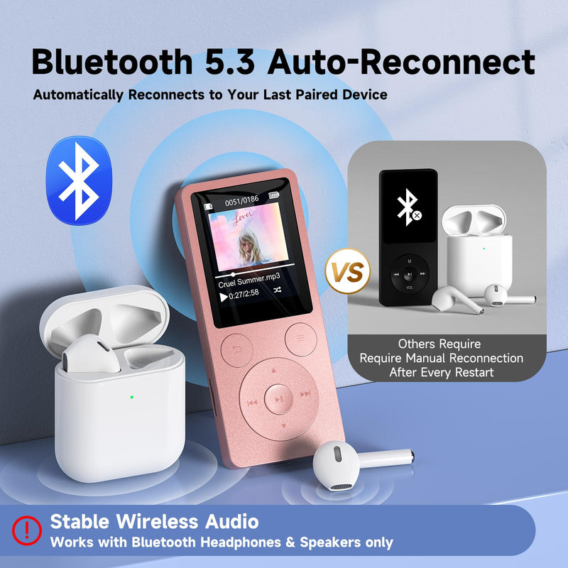 32GB MP3 Player with Bluetooth 5.3, Speaker, Simple Physical Buttons | Portable Music Player with FM Radio, 1.8 inch Screen, 40 Hour Battery Life, Voice Recorder, Supports 128GB Micro SD Card Pink