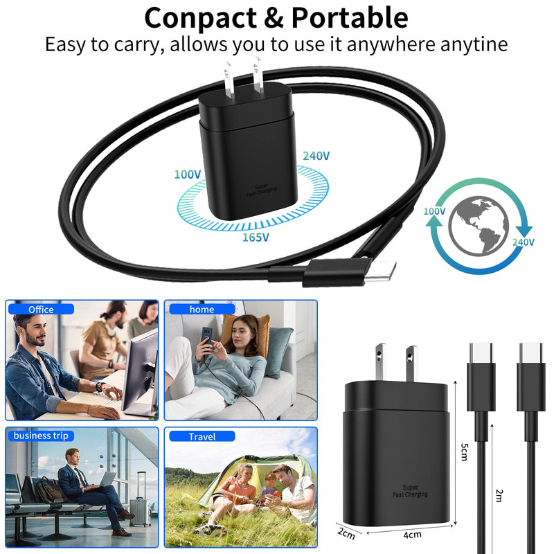 Type C Charger Fast Charging for Samsung 25W Fast Charger, 2-Pack PD/PPS USB C Fast Wall Charger Block with 6FT Type C to Type C Cable for Samsung Galaxy S23/S22/S21/S20/Note 20/Note 10/ iPhone 15 Black
