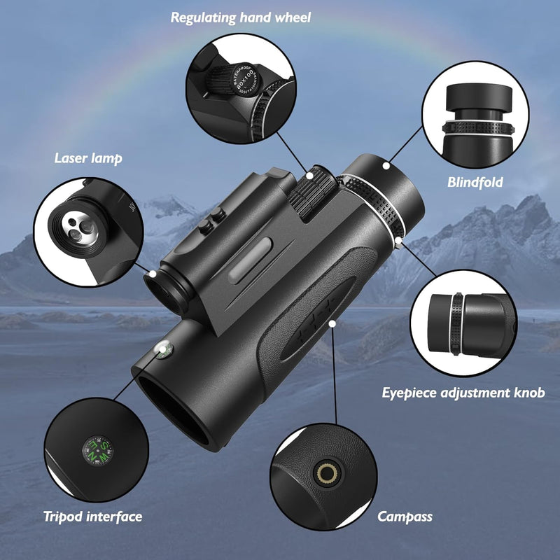 Monocular Telescope with Lights HD Monoculars 80x100 for Adults High Powered Monocular for Hunting with Smartphone Holder & Tripod, Handheld Telescope Suitable for Bird Watching Stargazing-Black Black
