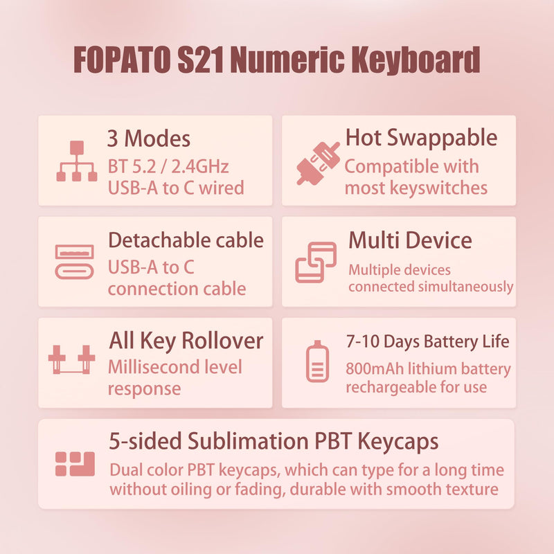 Wireless Number Pad Keyboard Mechanical Numpad Numeric Keypad for Laptop | Bluetooth Creamy 10 Key RGB Portable Cute Financial Accounting Rechargeable for Windows, PC, BT5.0/2.4G, Pink S21