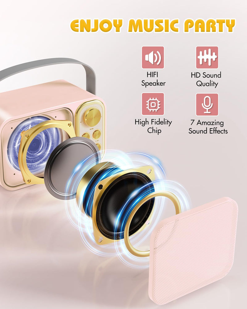 Mini Karaoke Machine for Kids with 2 Wireless Microphone, Portable Bluetooth Speaker, Kids Karaoke Machine to Sing Anywhere, for Girls, Ideal for Party, Birthday, Family Meeting Pink