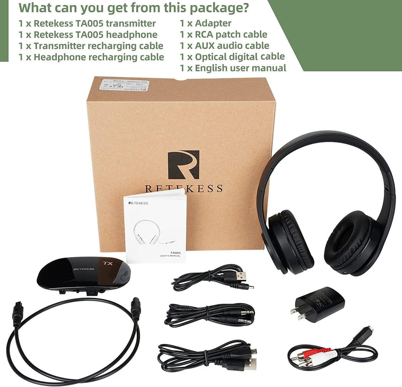 Retekess TA005 Wireless Headphones for TV Watching,TV Headphones for Senior | for Seniors, Elderly, Family, Support Stereo,A/B Channel,30m,Support AUX,RCA and Optical Input
