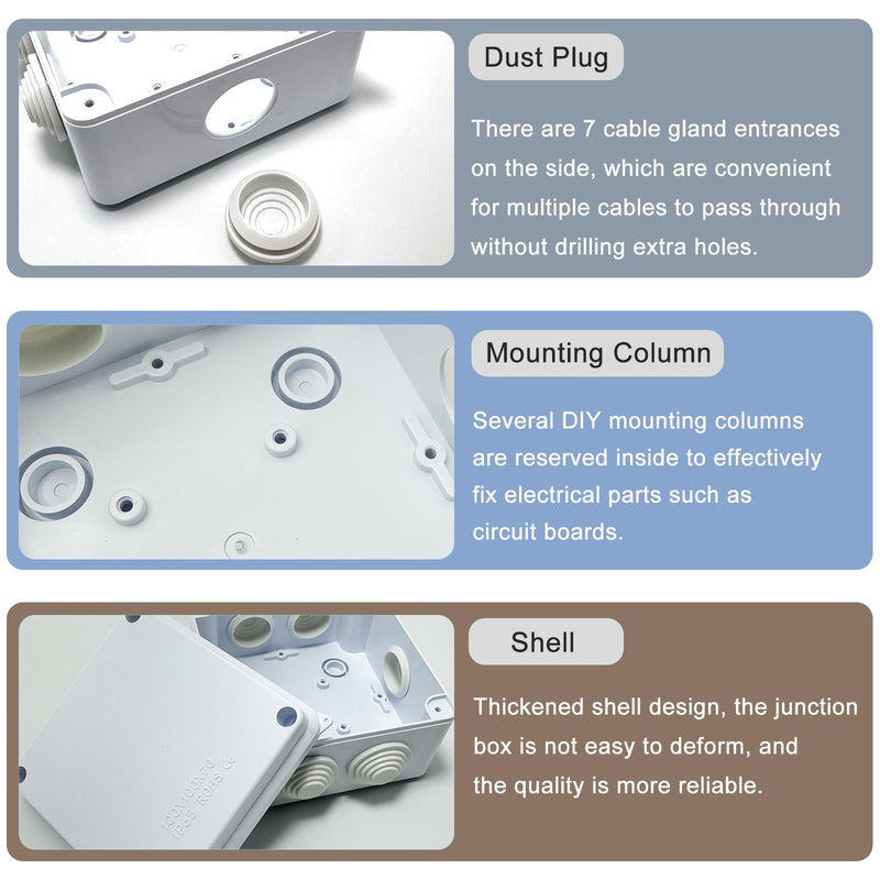 Gentpovth Pack of 2 Junction Boxes, Waterproof IP65, 100 mm x 100 mm x 70 mm, ABS Casing, Junction Box, Surface-Mounted, Distribution Box, Outdoor, Plastic Plug Screw Connection, Electrical Box